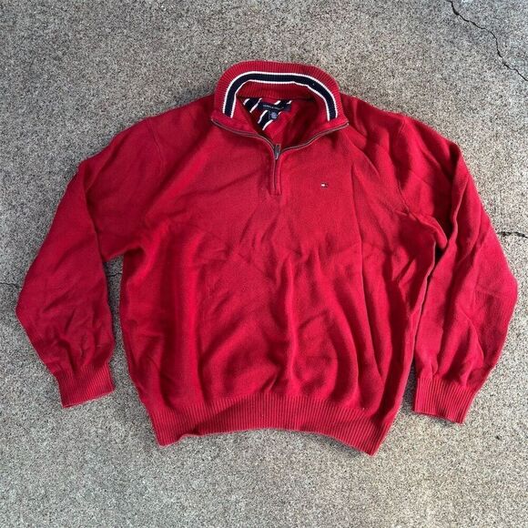 Vintage Tommy Hilfiger Men's 1/4 Zip Red Pullover Sweater Size L - Picture 1 of 4